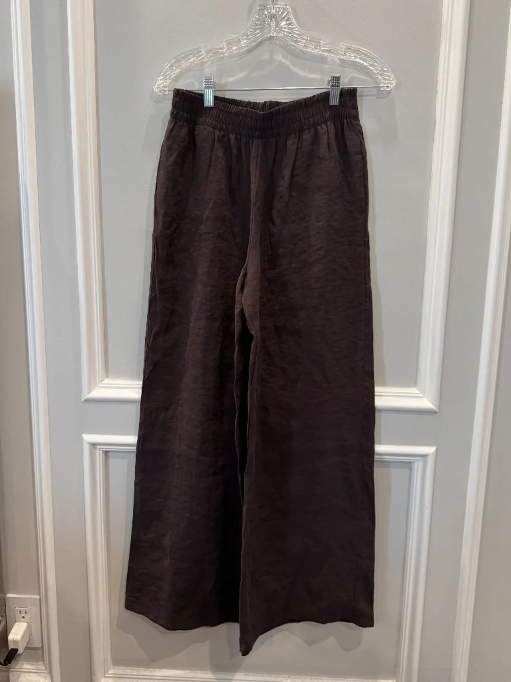 Zara Dark Brown Flowy Wide Leg Linen Pants Pull On Smocked Waist Size XS